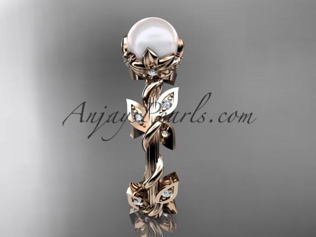 14kt rose gold diamond leaf and vine, floral pearl wedding ring, engagement ring AP20 - AnjaysDesigns