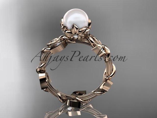14kt rose gold diamond leaf and vine, floral pearl wedding ring, engagement ring AP20 - AnjaysDesigns