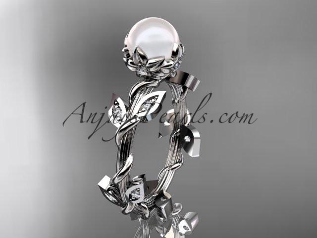 Platinum diamond leaf and vine, floral pearl wedding ring, engagement ring AP20 - AnjaysDesigns