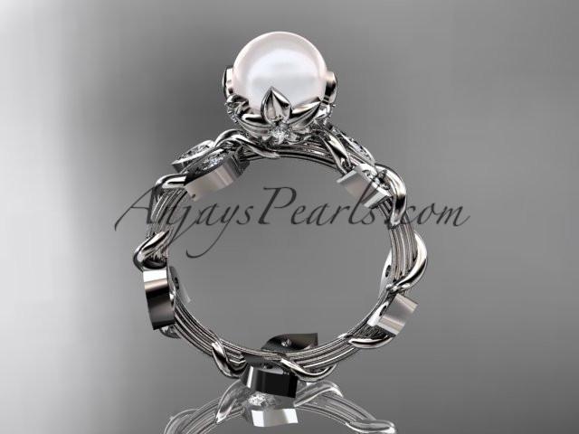 14kt white gold diamond leaf and vine, floral pearl wedding ring, engagement ring AP20 - AnjaysDesigns