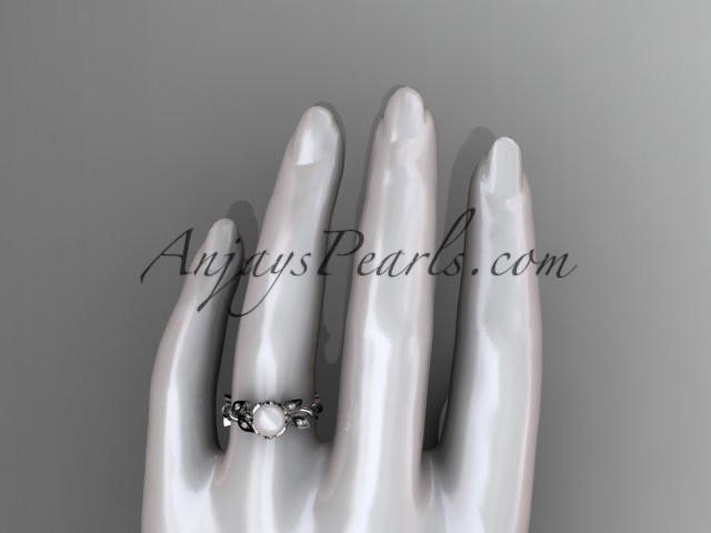 14kt white gold diamond leaf and vine, floral pearl wedding ring, engagement ring AP20 - AnjaysDesigns