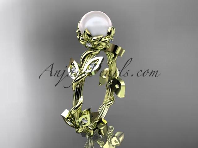 14kt yellow gold diamond leaf and vine, floral pearl wedding ring, engagement ring AP20 - AnjaysDesigns