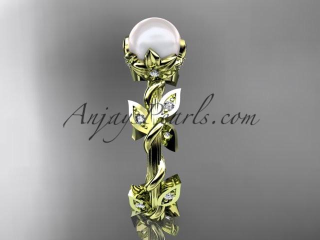 14kt yellow gold diamond leaf and vine, floral pearl wedding ring, engagement ring AP20 - AnjaysDesigns