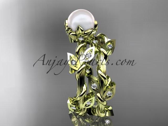 14kt yellow gold diamond leaf and vine, floral pearl wedding set, engagement set AP20S - AnjaysDesigns