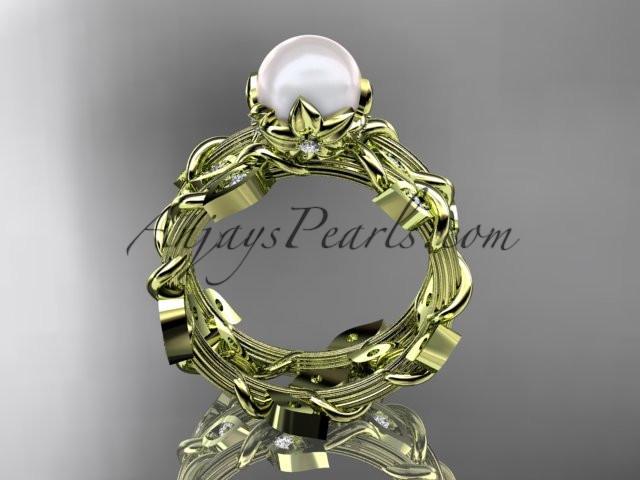14kt yellow gold diamond leaf and vine, floral pearl wedding set, engagement set AP20S - AnjaysDesigns