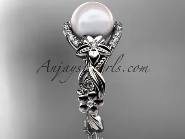 platinum diamond pearl unique engagement ring AP211 - AnjaysDesigns