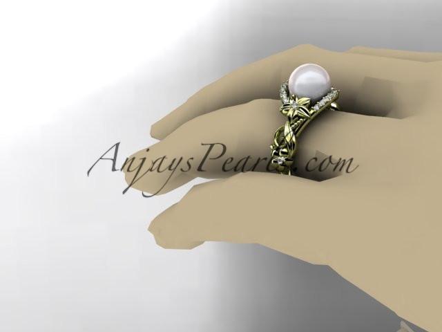 14kt yellow gold diamond pearl unique engagement ring AP211 - AnjaysDesigns