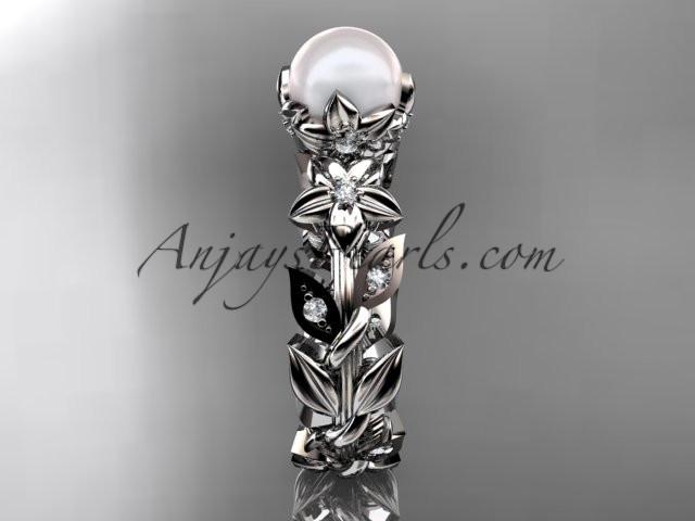 platinum diamond pearl unique engagement ring, wedding ring AP215 - AnjaysDesigns