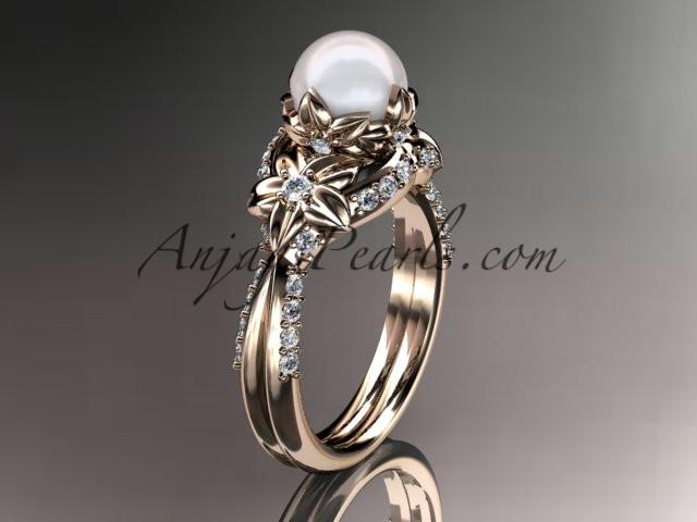 14kt rose gold diamond pearl unique engagement ring, wedding ring AP220 - AnjaysDesigns