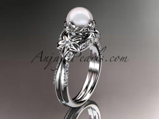 platinum diamond pearl unique engagement ring, wedding ring AP220 - AnjaysDesigns