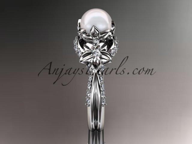 14kt white gold diamond pearl unique engagement ring, wedding ring AP220 - AnjaysDesigns