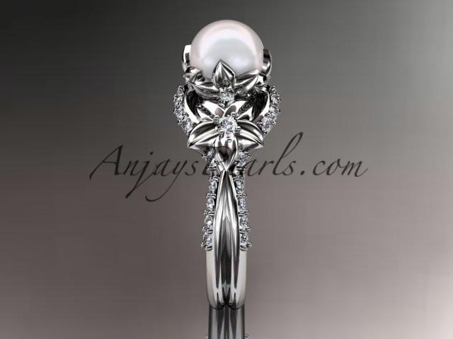 platinum diamond pearl unique engagement ring, wedding ring AP220 - AnjaysDesigns