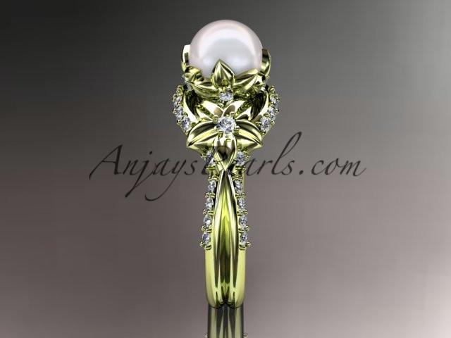 14kt yellow gold diamond pearl unique engagement ring, wedding ring AP220 - AnjaysDesigns