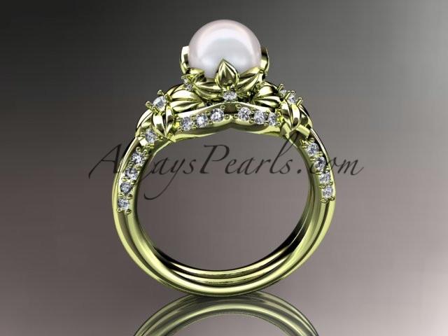 14kt yellow gold diamond pearl unique engagement ring, wedding ring AP220 - AnjaysDesigns