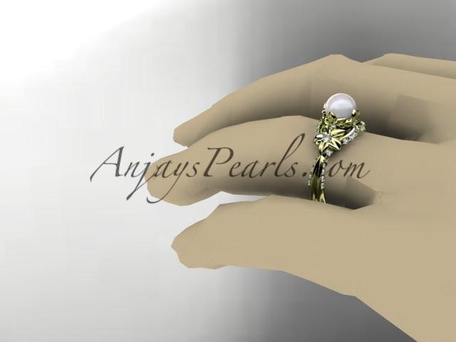 14kt yellow gold diamond pearl unique engagement ring, wedding ring AP220 - AnjaysDesigns