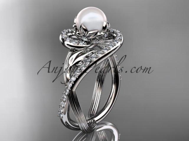 14kt white gold diamond pearl unique engagement ring AP222 - AnjaysDesigns