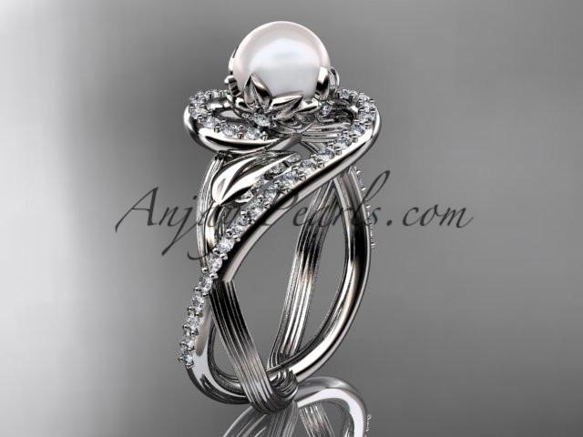 Platinum diamond pearl unique engagement ring AP222 - AnjaysDesigns