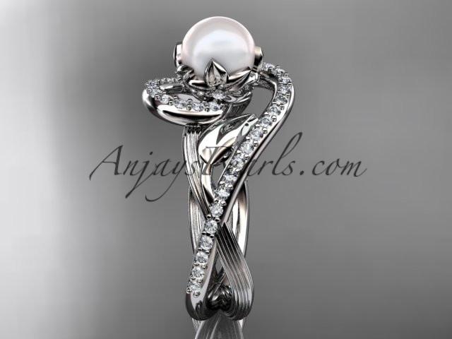 14kt white gold diamond pearl unique engagement ring AP222 - AnjaysDesigns