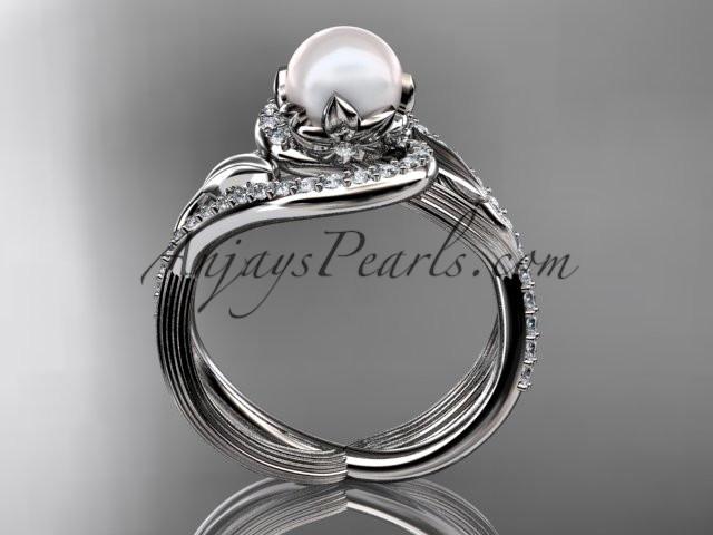 14kt white gold diamond pearl unique engagement ring AP222 - AnjaysDesigns