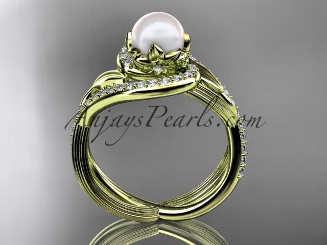 14kt yellow gold diamond pearl unique engagement ring AP222 - AnjaysDesigns