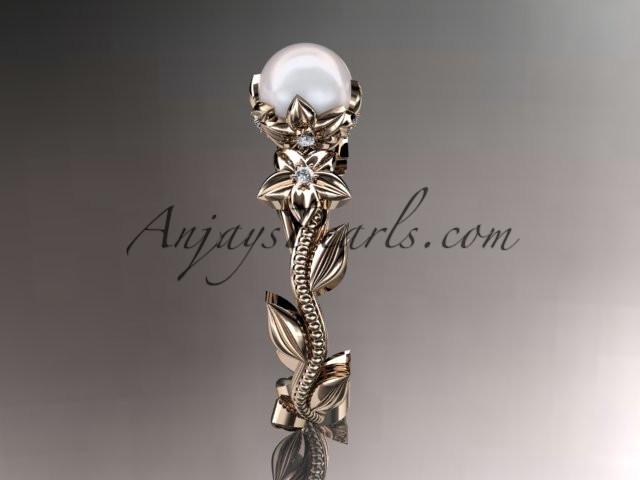 Unique 14kt rose gold diamond floral pearl engagement ring AP223 - AnjaysDesigns