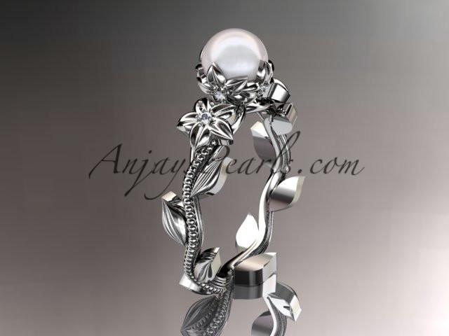 Unique platinum diamond floral pearl engagement ring AP223 - AnjaysDesigns