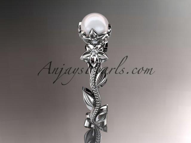 Unique platinum diamond floral pearl engagement ring AP223 - AnjaysDesigns