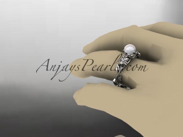 Unique 14kt white gold diamond floral pearl engagement ring AP223 - AnjaysDesigns