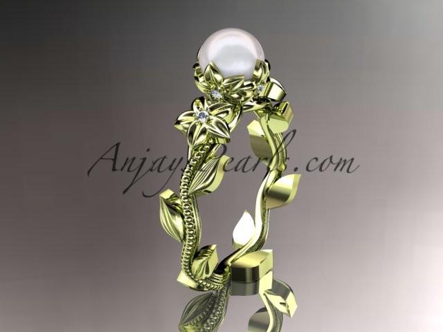 Unique 14kt yellow gold diamond floral pearl engagement ring AP223 - AnjaysDesigns