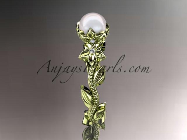 Unique 14kt yellow gold diamond floral pearl engagement ring AP223 - AnjaysDesigns