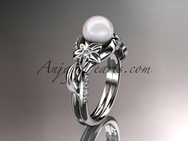 Platinum diamond pearl unique engagement ring AP224 - AnjaysDesigns