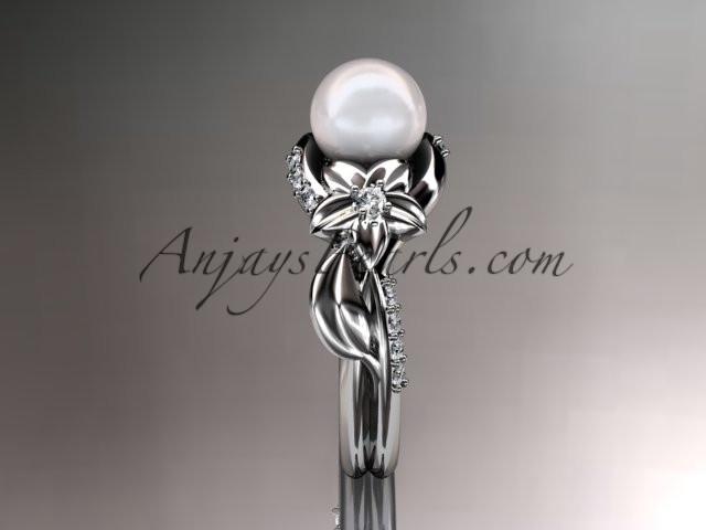 14kt white gold diamond pearl unique engagement ring AP224 - AnjaysDesigns