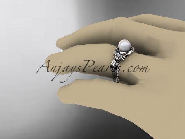 Platinum diamond pearl unique engagement ring AP224 - AnjaysDesigns