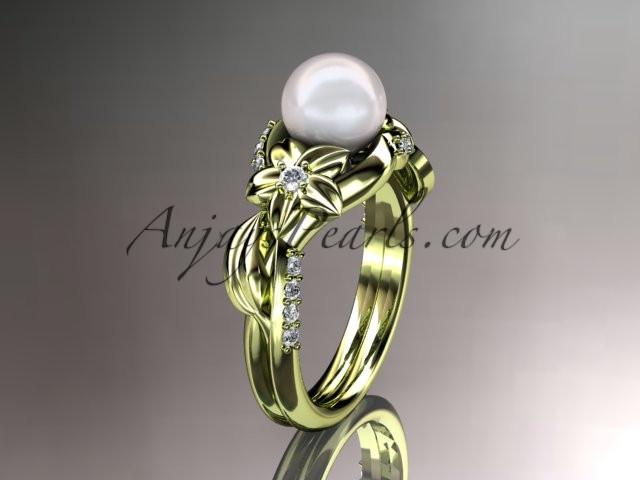 14kt yellow gold diamond pearl unique engagement ring AP224 - AnjaysDesigns