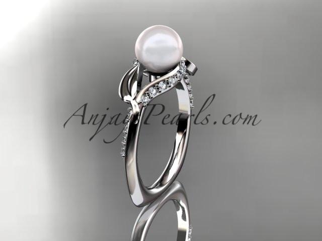 Platinum diamond pearl unique engagement ring AP225 - AnjaysDesigns