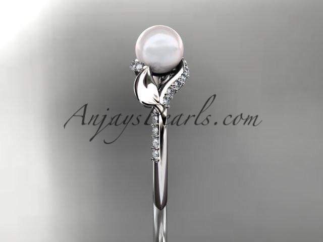14kt white gold diamond pearl unique engagement ring AP225 - AnjaysDesigns