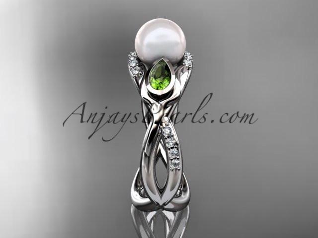 14kt white gold diamond pearl, tulip unique engagement ring AP226 - AnjaysDesigns