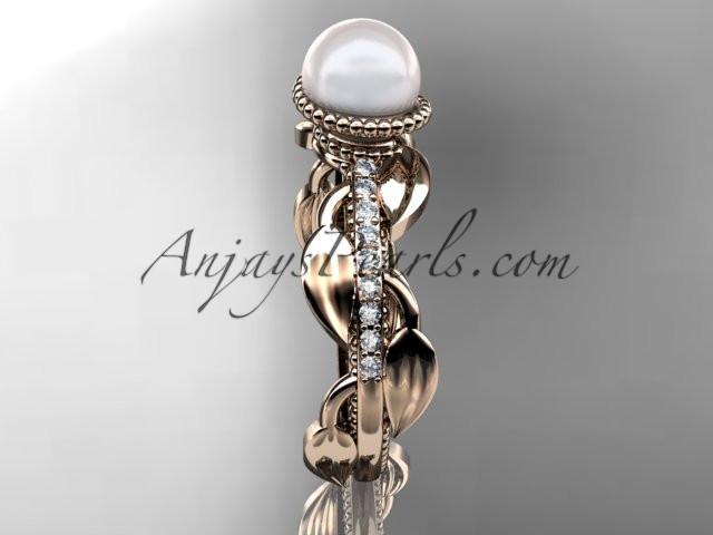 14kt rose gold diamond pearl, leaf and vine engagement ring AP231 - AnjaysDesigns