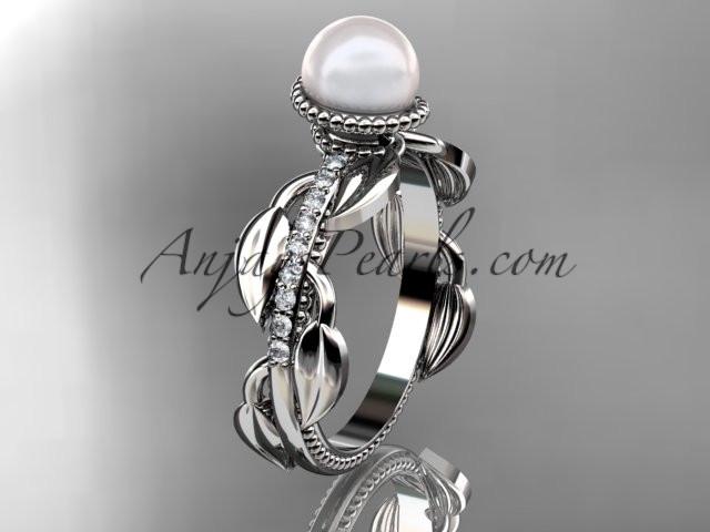 Platinum diamond pearl, leaf and vine engagement ring AP231 - AnjaysDesigns