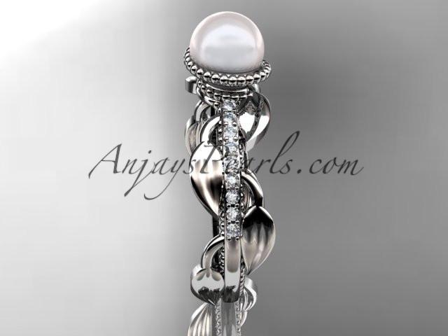 Platinum diamond pearl, leaf and vine engagement ring AP231 - AnjaysDesigns