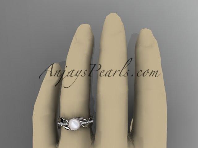 Platinum diamond pearl, leaf and vine engagement ring AP231 - AnjaysDesigns