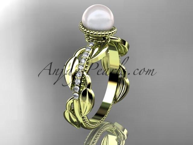 14kt yellow gold diamond pearl, leaf and vine engagement ring AP231 - AnjaysDesigns
