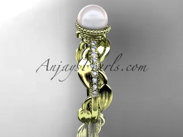 14kt yellow gold diamond pearl, leaf and vine engagement ring AP231 - AnjaysDesigns