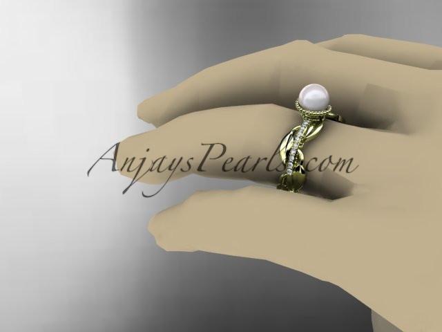 14kt yellow gold diamond pearl, leaf and vine engagement ring AP231 - AnjaysDesigns