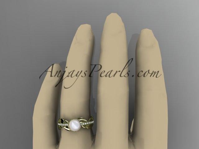 14kt yellow gold diamond pearl, leaf and vine engagement ring AP231 - AnjaysDesigns