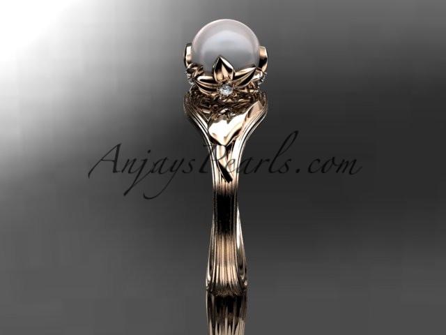14kt rose gold diamond pearl flower, leaf and vine engagement ring AP240 - AnjaysDesigns