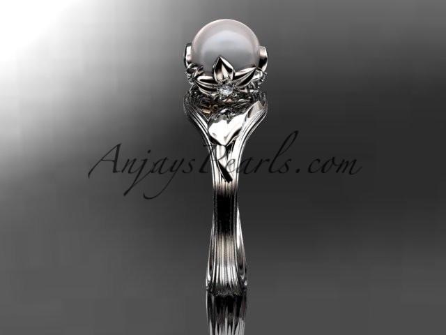 Platinum diamond pearl flower, leaf and vine engagement ring AP240 - AnjaysDesigns