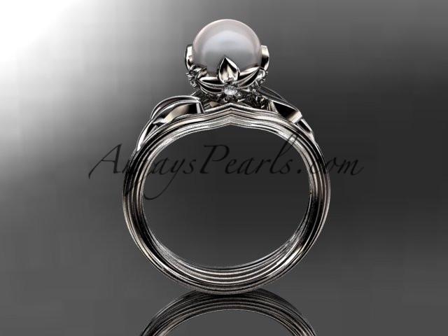 14kt white gold diamond pearl flower, leaf and vine engagement ring AP240 - AnjaysDesigns