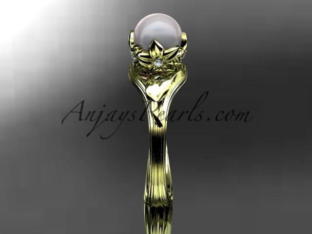 14kt yellow gold diamond pearl flower, leaf and vine engagement ring AP240 - AnjaysDesigns