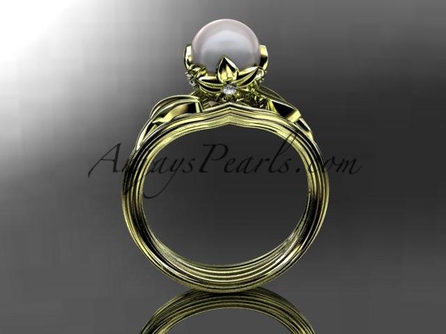 14kt yellow gold diamond pearl flower, leaf and vine engagement ring AP240 - AnjaysDesigns